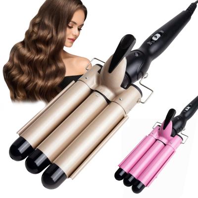 China Can Be Replaced New Home Use Ceramic Tourmaline Three Barrel Style Hair Curler Big Wave Lazy Hair Hesitate Styling Tools 3 Barrel Curling Iron for sale