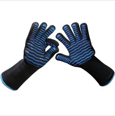 China Outdoor Series Blue Wave Design Heat Resistant BBQ Anti Scald BBQ Oven Gloves Kitchen Fireproof Anti-Slip Gloves for Baking Cooking for sale