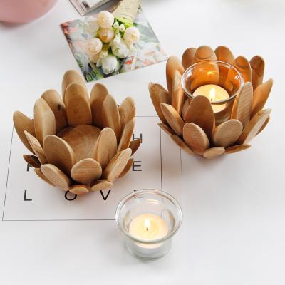 China Wholesale European Style Wooden Candle Holder European Style Glass Empty Bamboo Candle Jars for Wedding Home Decorative for sale