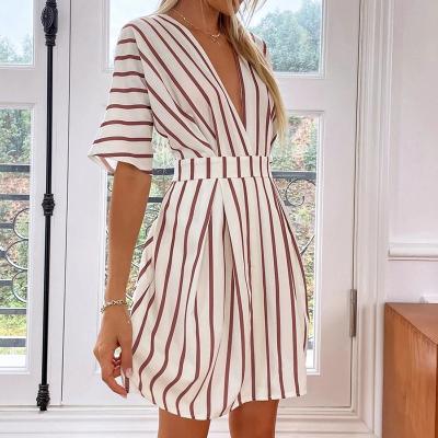 China Custom Made Fashionable Stripe Sleeve Casual Dresses Mini Deep V-Neckline Half Summer Anti-Static Dresses Casual Ladies Women for sale