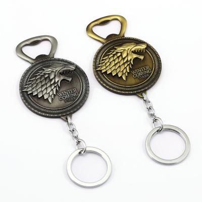 China Creative Design 3d Zinc Alloy Die Next Winter Bottle Opener Home Casted Rigid Keychain for sale