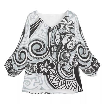 China Lady Black and White Office Chiffon Blouse Samoa Women's Clothing Print Anti Pilling Polynesian Tribal Design Loose Long Sleeve Shirts for sale