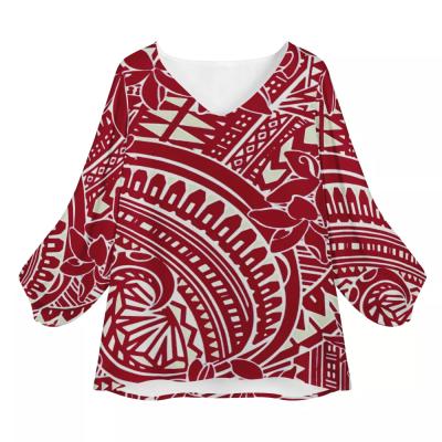 China Anti-pilling 2021 Custom Design Shirt Chiffon Blouse Design Vintage Polynesian Tribal Ink Print Casual Loose Long Sleeve Tops V Neck Shirts for sale