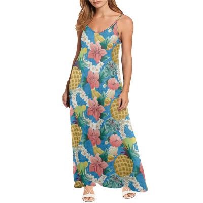 China Anti-static Spaghetti Strap Sleeveless Ladies Summer Beach Dress Hawaii Flowers And Pineapple Print Custom Women Dress Print On Demand for sale