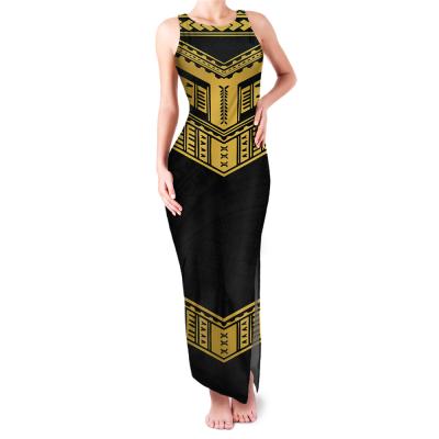 China New Arrivals Anti-Static Tongan Traditional Tribal Tattoo Sublimation Design Sleeveless Crew Neck Long Dresses Vintage Women Casual Slim Dress for sale