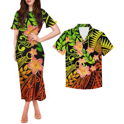 China Anti-Static Custom Womens Dresses Ruffle Short Sleeve Dress Polynesian Tribal Print Ladies Dress Matching Mens Shirt Couples Clothing for sale