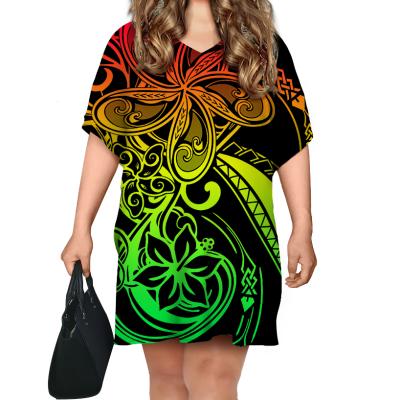 China Hot Sale Polynesian Tribal Dress Anti-Static Batwing Sleeve Women Hibiscus Printing Casual Skirt Mini Bodycon Dresses Ponchos Loose Summer for sale