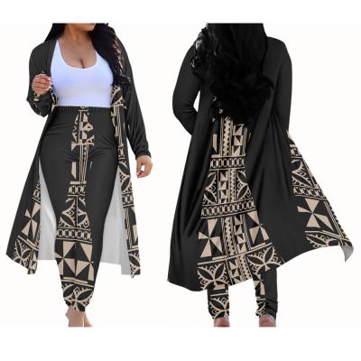 China Special Custom Anti-Pilling Tattoo Print Ribs Polynesian V-Neckline Long Cardigans For Ladies Plus Size Long Sleeve Coat And Bodycon Pant for sale