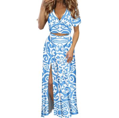 China Polynesian Anti-Static Fabrics Print Tribal V-Neckline Ladies Dresses Women's Clothing Comfortable Dress Wholesale Women's Short Sleeve Dress for sale