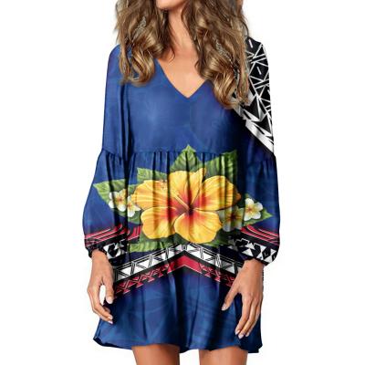 China Lady All Size Dress Anti-Static Polynesian Tribal Printing Custom Women Loose Lantern Sleeves V-Neck Dress Factory 1 Pcs for sale