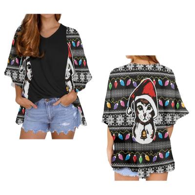 China Santa Claus Snowflake Cat Pattern Women Polynesian QUICK DRY Long Sleeve Graphic Shirt Loose Fitting Casual Chiffon Tops for sale