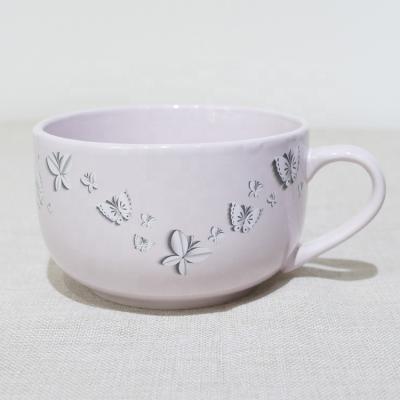 China Viable Pink / Black Glaze Color Large Sip Cup Soup Ceramic Bowl With Lid And Handle For Noodle Bowl for sale