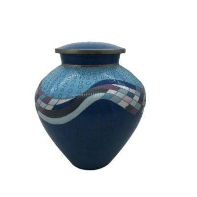 China American Style Light Blue Wavy Line Round Shape Cloisonne Adult Urns for sale