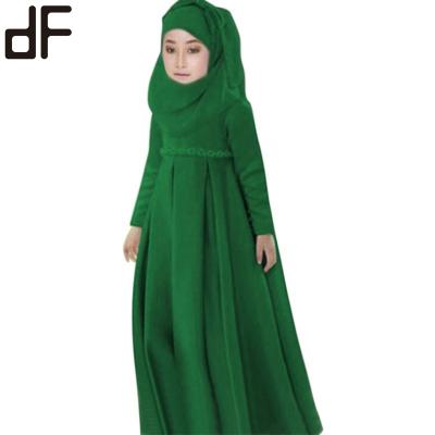 China OEM Anti-Static Islamic Dress Kids Muslim Abaya and Hijab Kid Girl Long Sleeve Solid Color Dress for sale