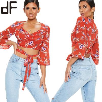 China OEM anti-pilling style Bohemian summer latex fashion tops red floral chiffon blouse suitable blouse woman for sale