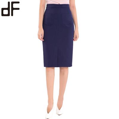 China OEM Latest Anti-Static Design Clothes Women Skirt Midi School Skirt Polyblend Navy Slim Skirt With Front Pockets for sale