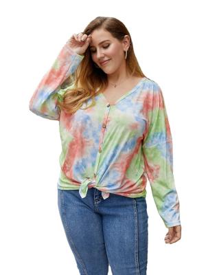 China Plus Size V Neck T-Shirt Full Lady Blouse Tie Dye Long Sleeve Women Shirts With Tied for sale