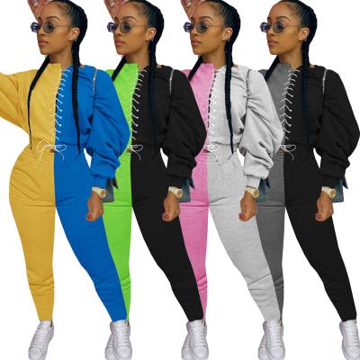 China Anti-wrinkle 2020 autumn/winter European and American fashion women's casual sports patchwork hoodie suit for sale