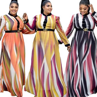 China Autumn plus size fall 2021 women longuette clothes printed stripe plus size sexy maxi dresses for sale