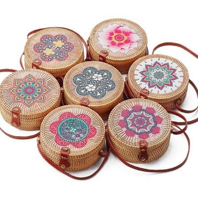 China Others Wholesale High Quality Vintage Printed Round Summer Beach Rattan Woven Boho Women Shoulder Sling Bag for sale