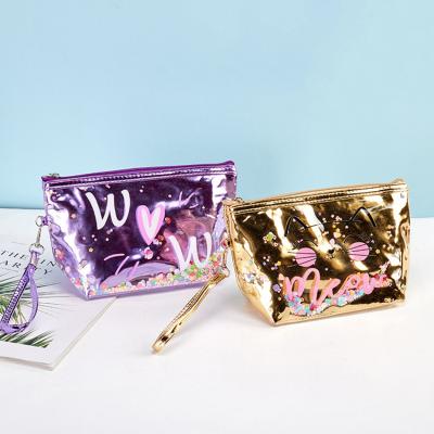 China Custom Holographic Makeup Toiletry Travel PU Fashion Women Floating Star Logo Cosmetic Bag Pouch for sale