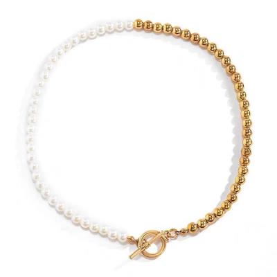 China Two Color Pearl Necklace Clavicle Chain OT Buckle Fashion Trendy 2021 Fashion Stitching Cute Necklace for sale