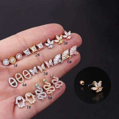 China Fashion Stainless Steel Stud Earrings Jewelry Cute Zircon Snake Butterfly Fan Zircon Piercing Stud Earrings For Women for sale