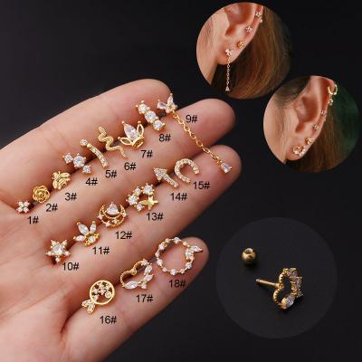 China Fashion 18K Stainless Steel Cute Snake Bee Butterfly Flower Zircon Stud Earrings Cute Piercing Earrings For Women for sale