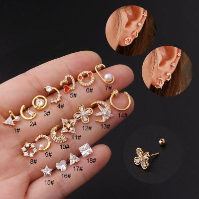 China Fashion Stainless Steel Stud Earrings Cute Zircon Pearl Heart Triangle Moon Star Moon Stud Earrings For Women for sale