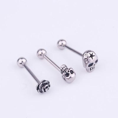 China Tongue Ring Stainless Steel Barbell Vintage Hip Hop Star Skull Flower Tongue Piercing Punk Body Jewelry for sale