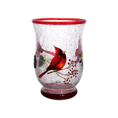 China Christmas Hot Selling Glass Candle Holder Classic Hand Painted Elegant Cardinal Bird Glass Vase Decoration for Home Decoration for sale