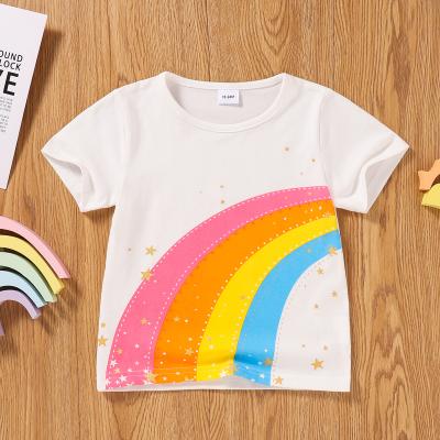 China High Quality Anti-Shrink Clothes Lowest Price Cute Around-collar Kids Wear Girls Rainbow Stripes T-shirt for sale