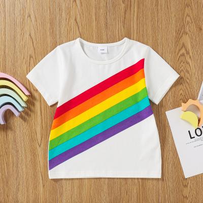 China High Quality Anti-Shrink T-shirt for Girls Kids Cute Around-collar Kids Wear Girls Rainbow Stripes T-shirt for sale