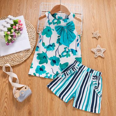 China Nice Casual Wholesale Baby Clothes Sets Flower Floral Smocked Baby Girl Shorts Sleeveless With Bow-knot for sale