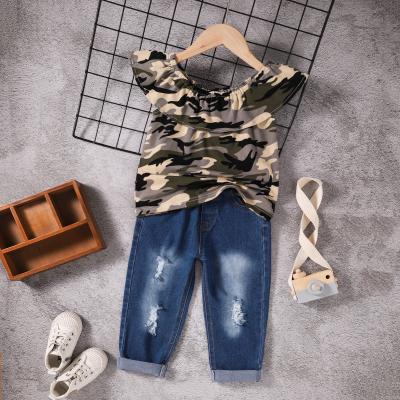 China Wholesale Casual Girls Clothes Sets Street Style Personality Sports Casual Tops +Jeans Pants 2 Pieces Kids Set for sale