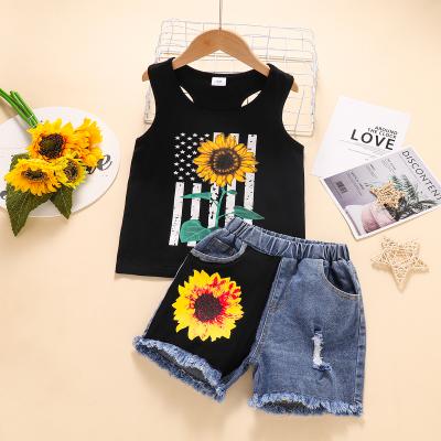 China Wholesale Casual Baby Clothes Sets Flower Baby Sleeveless Sunflower Printing Jeans Shorts for sale