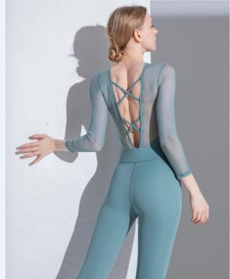 China New Breathable Siamese Yoga Clothing Long Sleeve Quilting One-Piece Romper Breathable Mesh Leotard Jumpsuit for sale