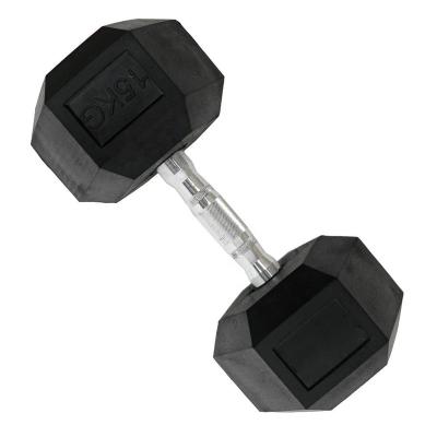 China Pesas 15kg Dumbbell High Quality Gym Rubber Covered Dumbbell Rubber Coated Hex Weight Dumbbells for sale