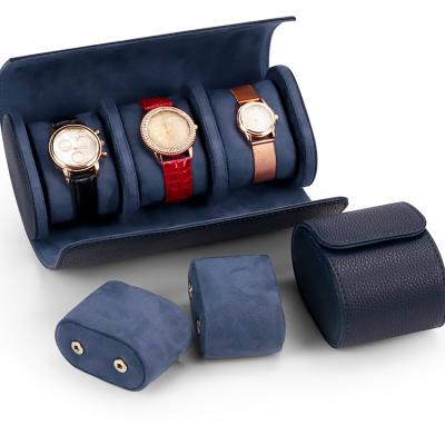 China Wholesale 3 Slots Watch Package Luxury Round Gift PU Watch Box Leather Black Portable Watch Packaging Box for sale