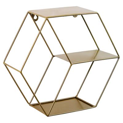 China (Other) Hexagon Wall Shelf Wood and Metal Mix 3Tier Vintage Adjustable Wall Shelves Floating Wood Wall Shelf for sale