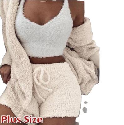 China Home Wear Women's Casual 3 Piece Pajamas Breathable Plush Suite Pajamas Long Sleeves Crop Vest Shorts Set for sale