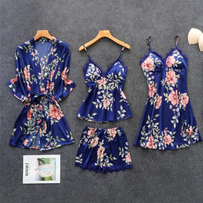 China QUICK DRY Pajamas Set Women Spring Summer Floral Print Plus Size Long Sleeve Short Luxury Four Piece Pajama Set for sale