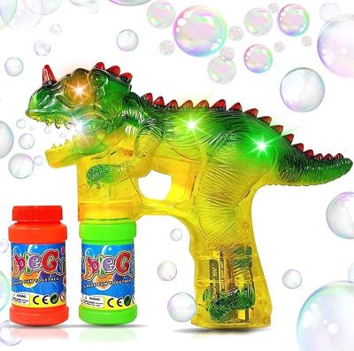 China Safety Dinosaur Light Up Bubbles Blower With Flashing LED Bubble Gun Machine Shooter Lights And Sounds Bubble Blaster Gun Toy For Kids for sale