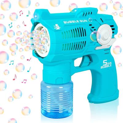 China Safety Kids Outdoor Summer Toys Bubble Machine Light And Sound Five Hole Bubble Gun Toys for sale