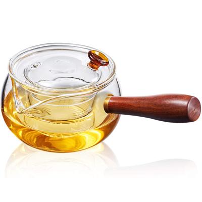 China Boilable Viable Glass Tea Maker To Water Flower Teapots Handmade Heat Resistant Side Wood Handle Boiled Glass Teapot for sale