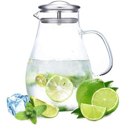 China Large Capacity Sustainable Household Fruit Tea Kettle Water Heat Resistant Cooling Glass Pitcher With Stainless Steel Cover for sale