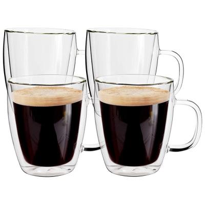 China Viable Insulated Clear Latte Glass Borosilicate Double Wall Hot Layer Espresso Cups Cappuccino Cups With Handle for sale