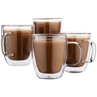 China Durable Lead Free Double Wall Glass Tea Coffee Mugs Office Milk Tea Coffee Mugs Double Layer Heat Resistant Heat Resistant Cup With Handle for sale