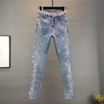 China Autumn Streetwear Women Vintage Black Diamonds High Waisted Breathable Thin Jeans Spring #Mingyang# Denim Pants Ankle-Length Pants for sale