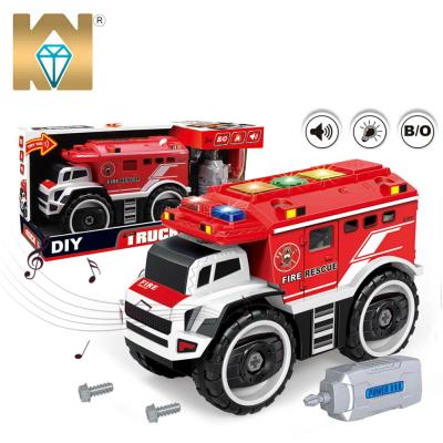 China Hand Handling KUNYANG TOYS Musical Electric Fire Truck Early Educational Rescue DIY Assembly Car For Children for sale